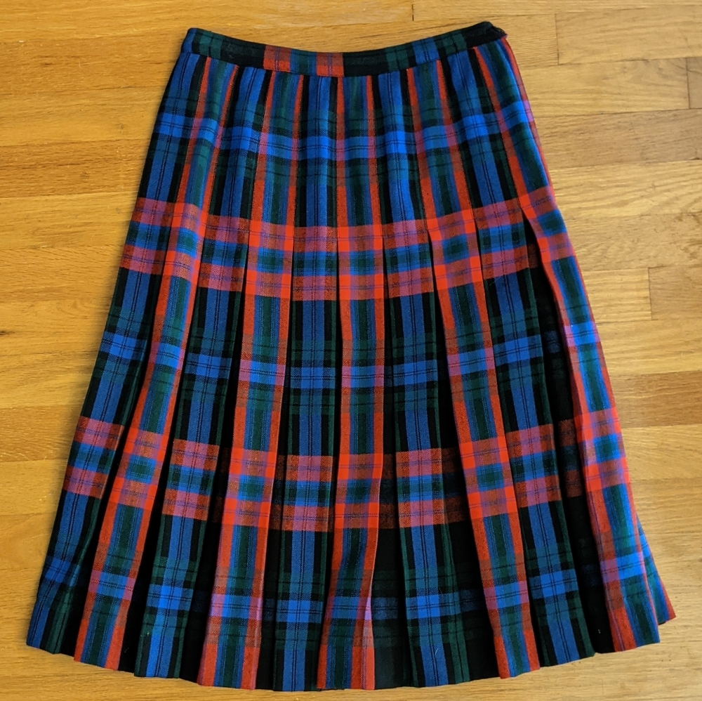 Al Jean Wool Vintage Midi Pleated Skirt in Blue Red Green Black